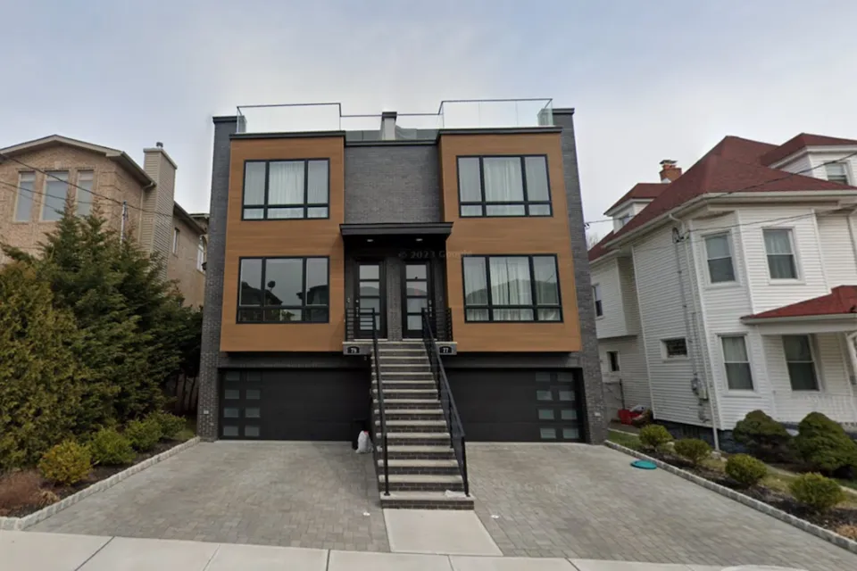 Google Street view screen shot of modern duplex built between two historic homes in Cliffside Park, New Jersey.